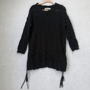 FP Beach Sweater Tunic Womens Small Black Textured Knit Pockets Drawstring Hem
